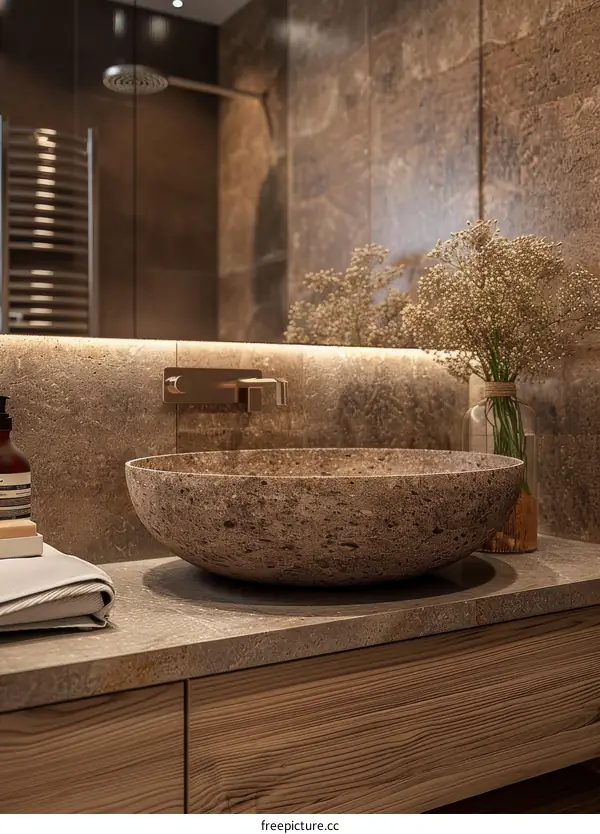 Modern Bathroom Interior with Stone Sink and Wooden Vanity
