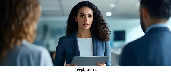 Serious Businesswoman with Tablet Giving Presentation