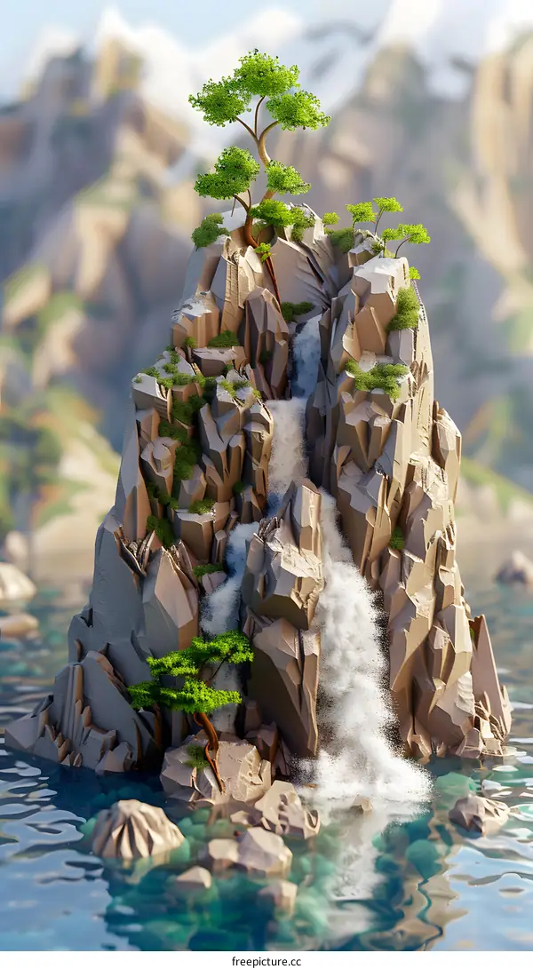 Low Poly Waterfall On Mountain Illustration
