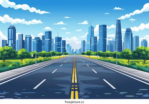 Empty Road Leading Towards Modern Cityscape