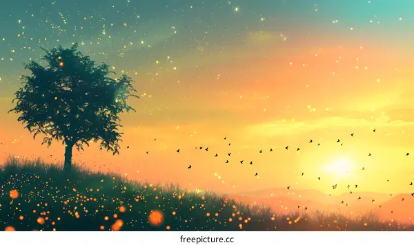 Silhouette of a Tree with Birds Flying in the Sunset