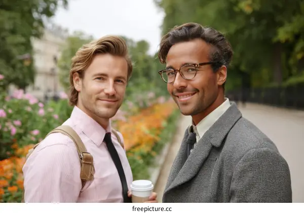 Two Caucasian Businessmen in a City Park