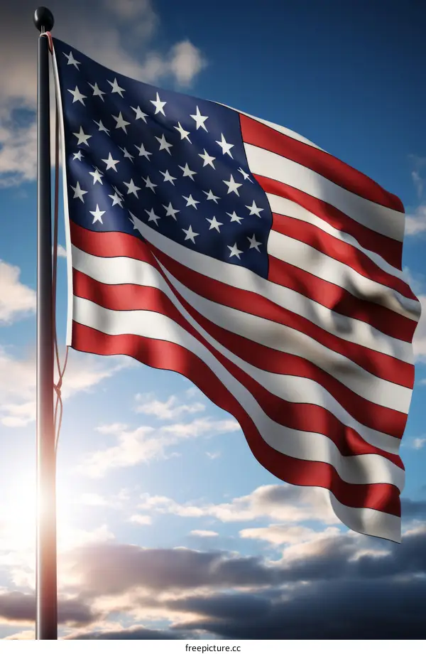 A billowing American flag against a blue sky and white clouds