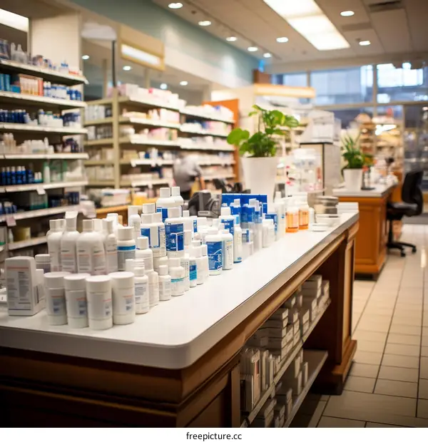 Pharmacy Shelves Stocked With Bottles of Medicine