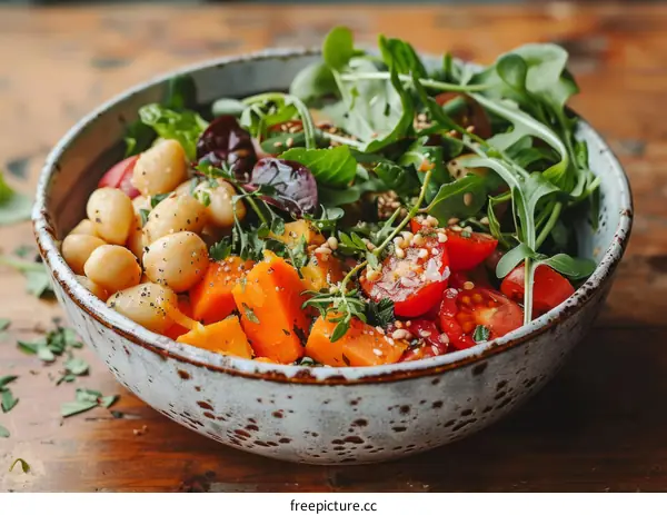 Bowl of hearty vegan goodness with chickpeas, sweet potato, and tomatoes