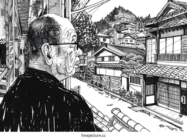 Black and White Illustration of an Elderly Man Looking Out at a Japanese Town