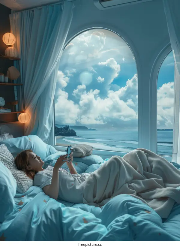 Peaceful Haven: Girl Relaxing with Phone in Beachfront Bedroom
