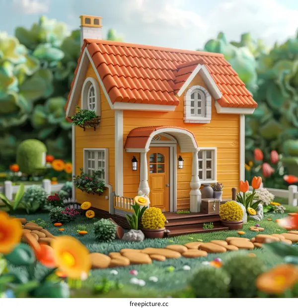 Small cartoon house with orange roof and yellow walls surrounded by flowers and plants in a garden