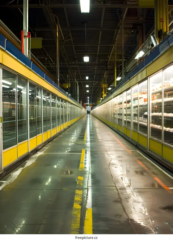 Empty Industrial Corridor With Yellow And White Lines