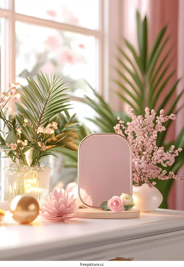 Pink Mirror and Flowers in a Room