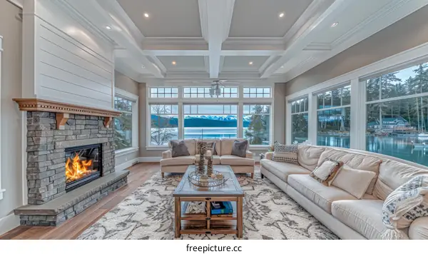 Modern house interior living room lake view fireplace