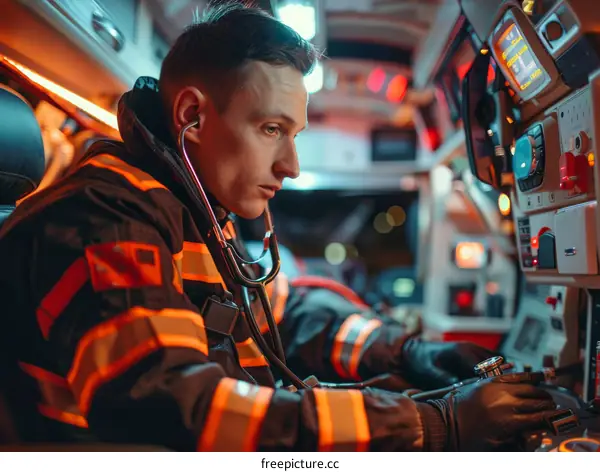 paramedic in ambulance checking patient vital signs
