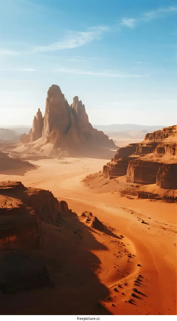 Vast arid landscape with towering rock formations and winding sand dunes