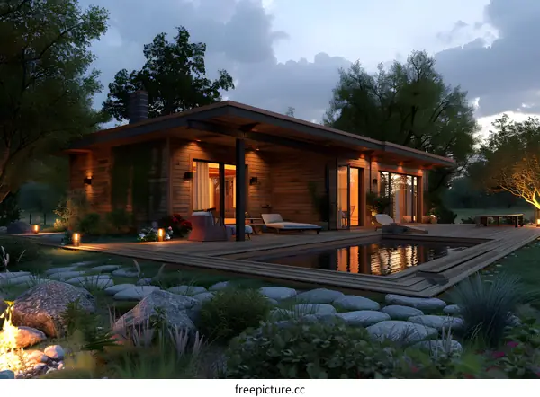 Wooden house with a pool near the forest