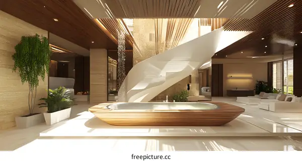 Modern Home Interior Design With Wooden Bathtub and Waterfall Feature