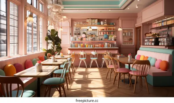 Retro Diner Interior with Pink Booths and Mint Green Chairs
