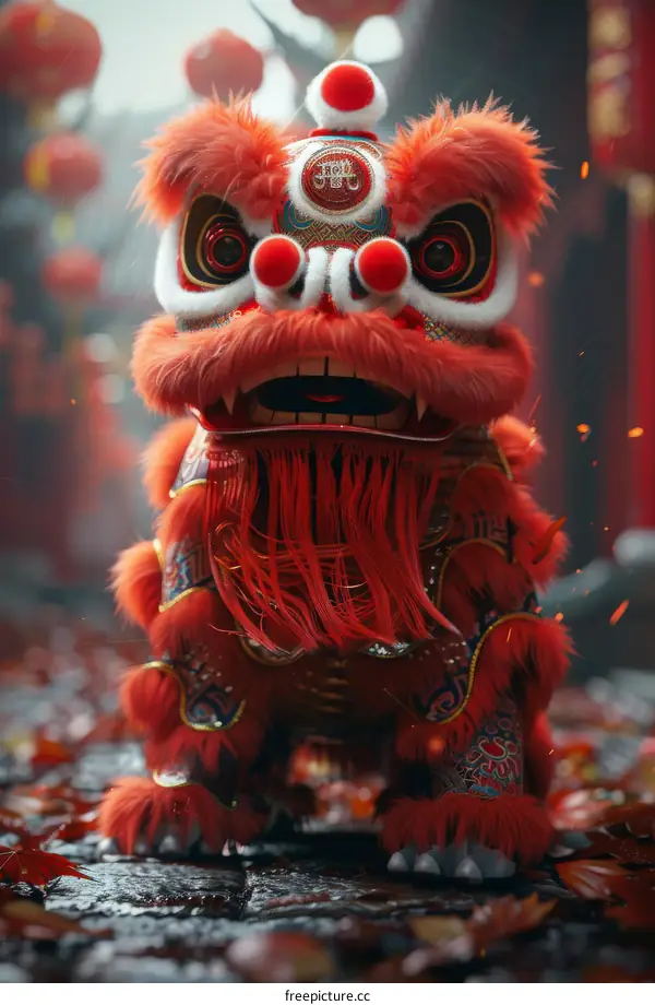 Chinese New Year Lion Dance Costume in a Rainy Alleyway