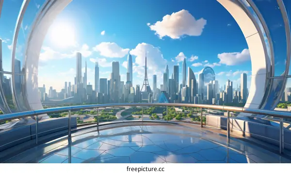futuristic city with a large balcony in the foreground