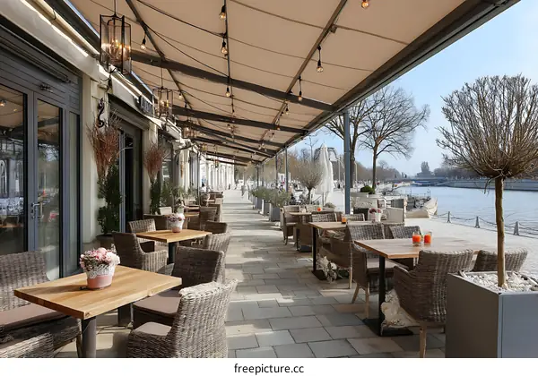 Outdoor Cafe on the Riverbank in Springtime