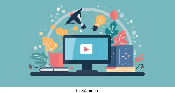 Computer Monitor Displaying a Video, with Books and Plants on Desk