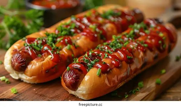 Hotdog with ketchup and parsley on a wooden board