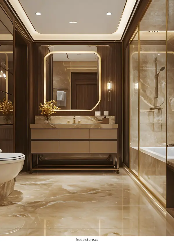 Modern Bathroom Interior Design With Marble Floor And Wooden Walls