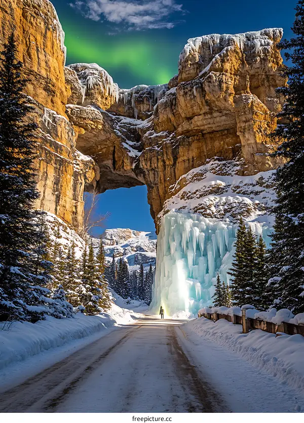 Winter Wonderland in Canada with a Single Person Under a Natural Archway
