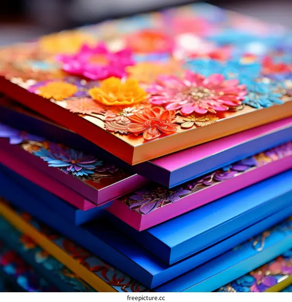 A Stack of Colorful Books Decorated with Floral Patterns