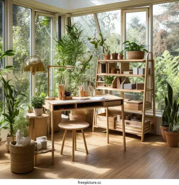A wooden desk and chair in a sunroom surrounded by plants