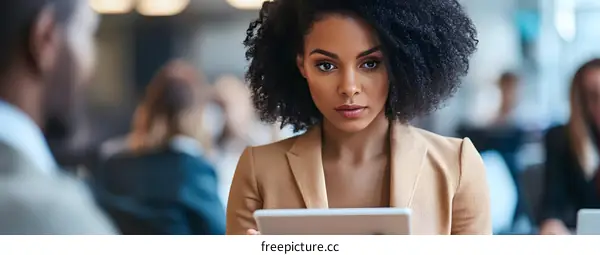 African American Businesswoman Working on Tablet in Office