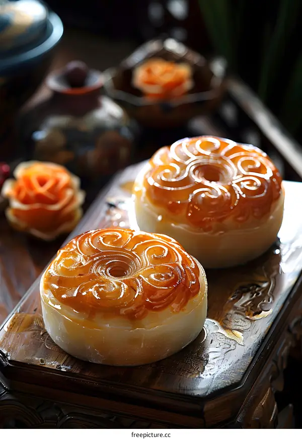 Closeup of Two Traditional Chinese Mooncakes