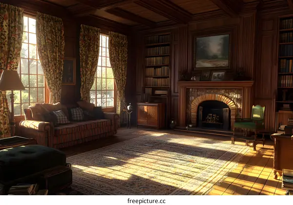 Cozy Living Room With Fireplace And Bookshelves