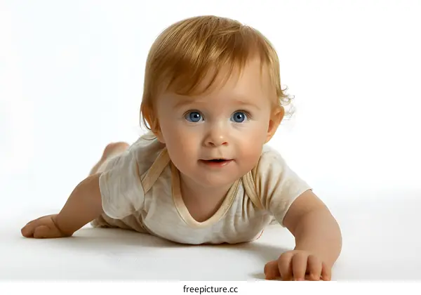 Cute Baby Girl With Blue Eyes Crawling On White Background