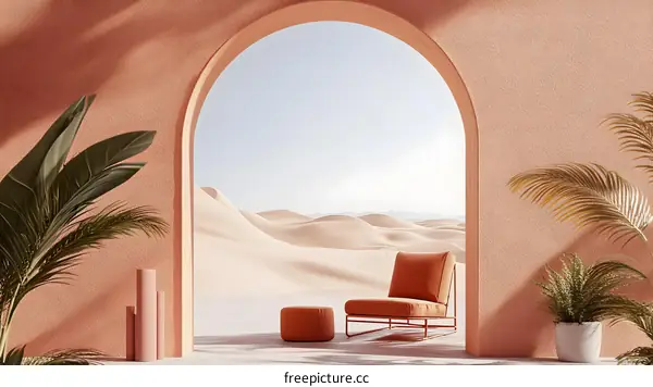 Minimalist Desert Archway with Palm Trees and Chair