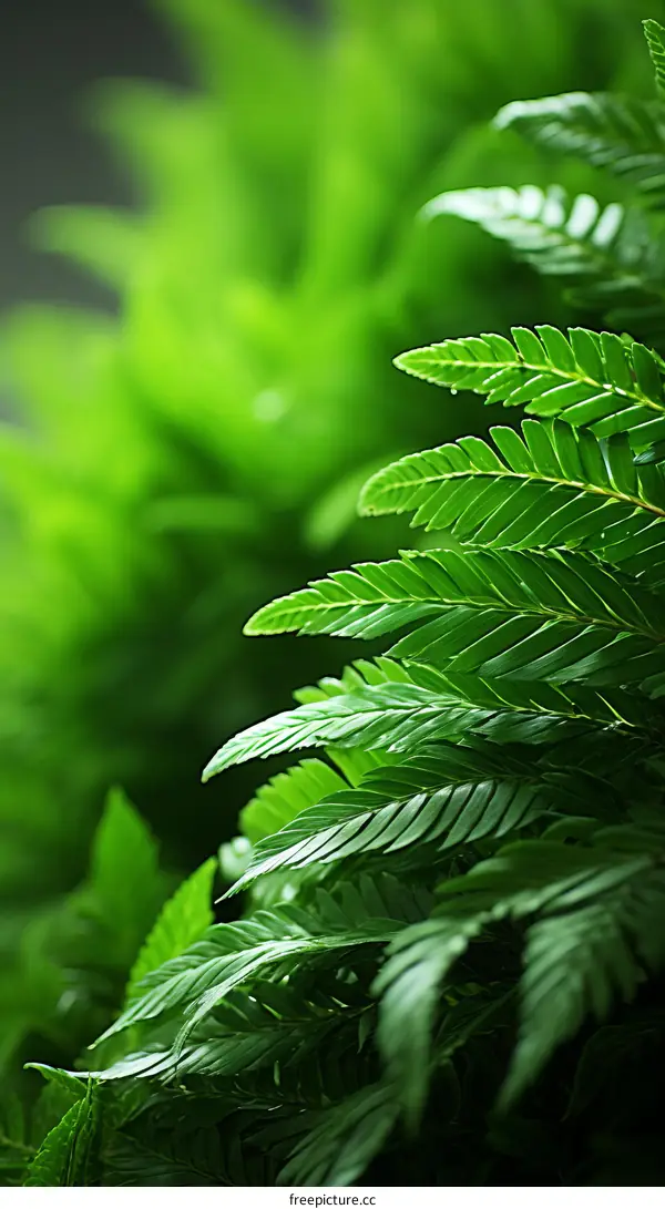 Close-up of verdant fern leaves bathed in sunlight