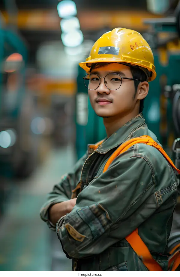 Portrait of a young Asian man wearing a hard hat and safety glasses in a factory