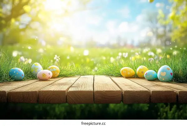 Easter Eggs on Wooden Table in Springtime Meadow