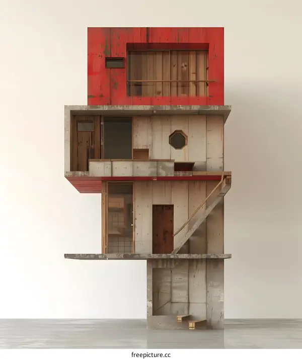 A concrete house model with a pop of red