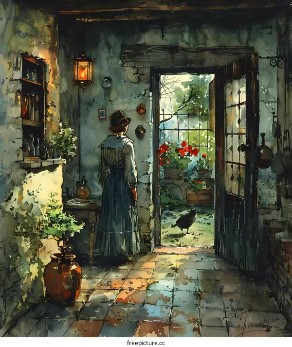 A woman standing in a doorway looking at a crow