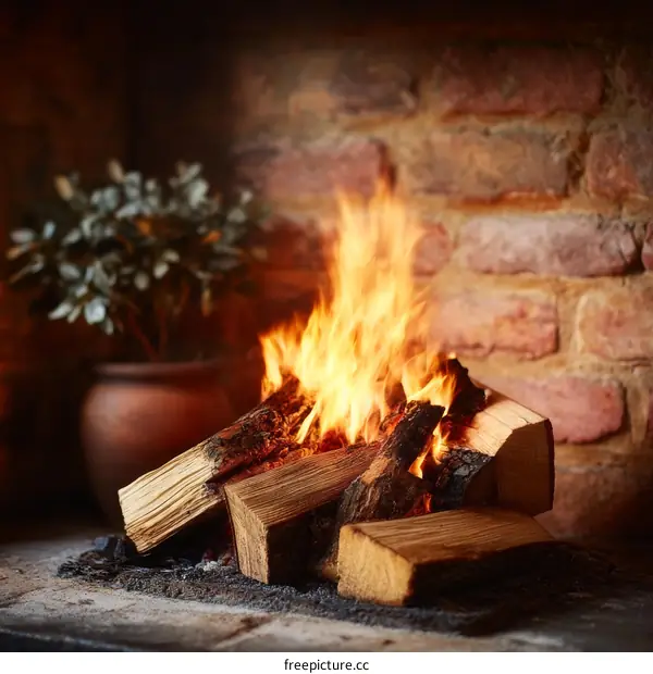 Cozy Fireplace with Burning Wood Logs