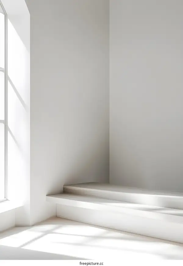 White Minimalist Interior Room Corner Design with a Wooden Platform