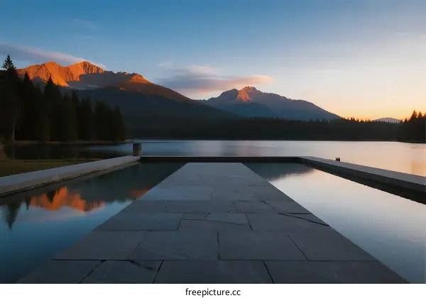 Serene lake view with mountains at sunset featuring a stone pathway