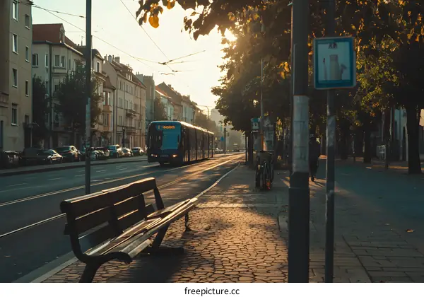 Tram stop with sun shining through the trees
