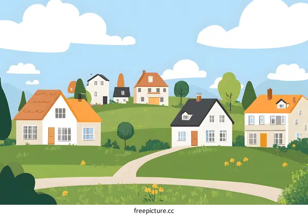 Cartoon Illustration of a Small Town with Houses and Green Hills