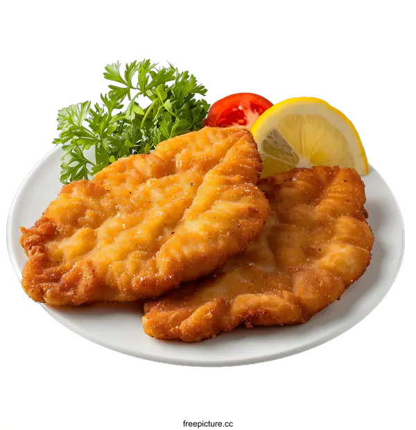 [Transparent Background PNG]Fried Chicken Schnitzel on Plate with Lemon and Parsley