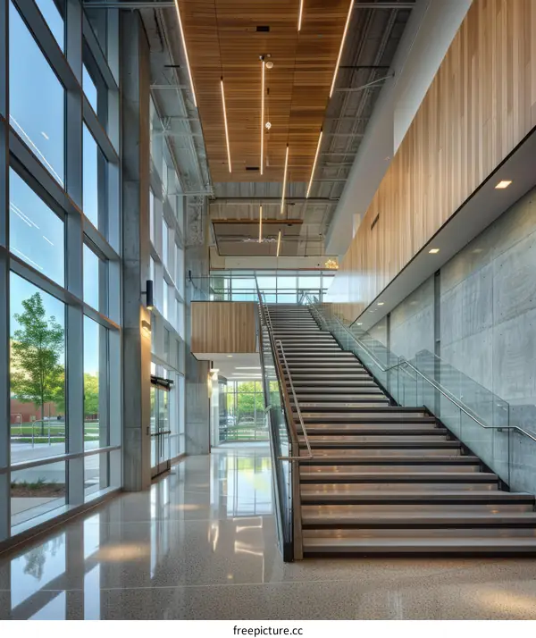 Modern Staircase with Wood Accents and Glass Railing