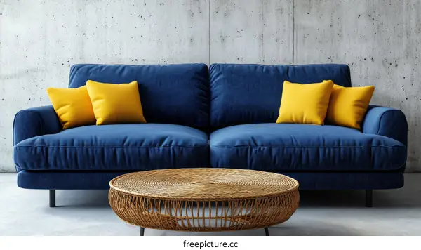 Modern Living Room with Blue Sofa and Yellow Pillows