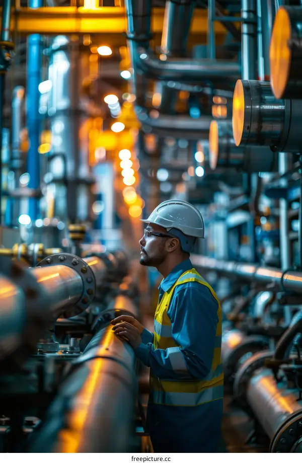 Oil and gas industry worker inspecting pipes and valves at a refinery or chemical plant