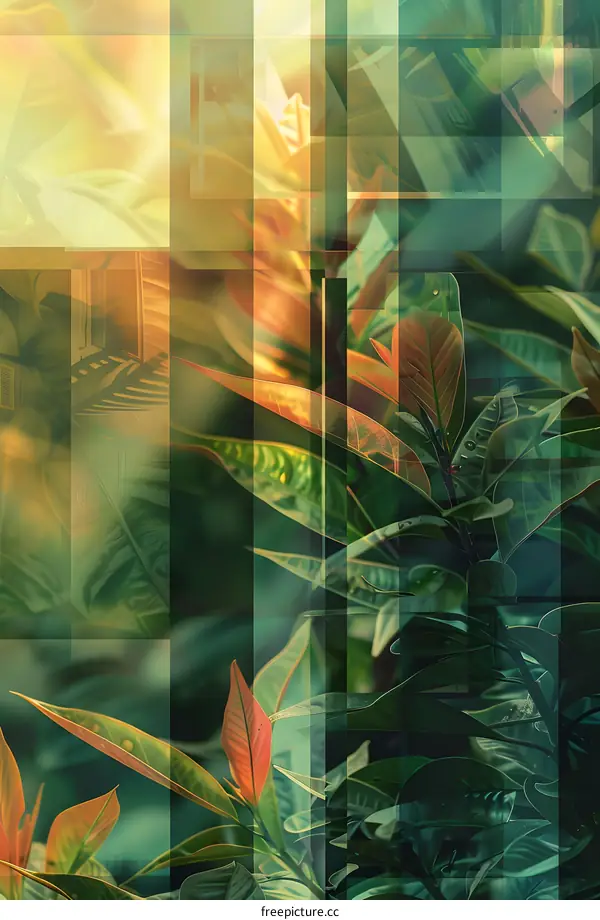 Abstract Green and Yellow Leaves with Geometric Shapes