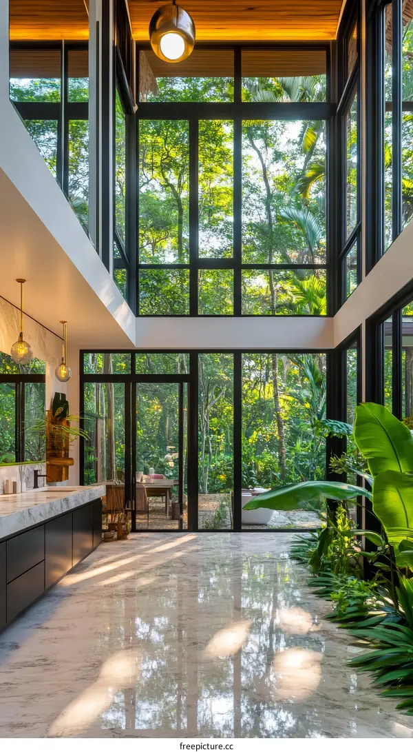 Modern Bathroom with Lush Tropical Views